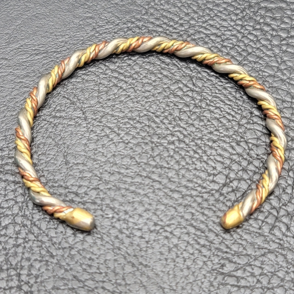 Tri-Metal Twisted Cuff Bracelet, Brass, Copper, Silver -Vintage, Estate, Artisan - Picture 6 of 6